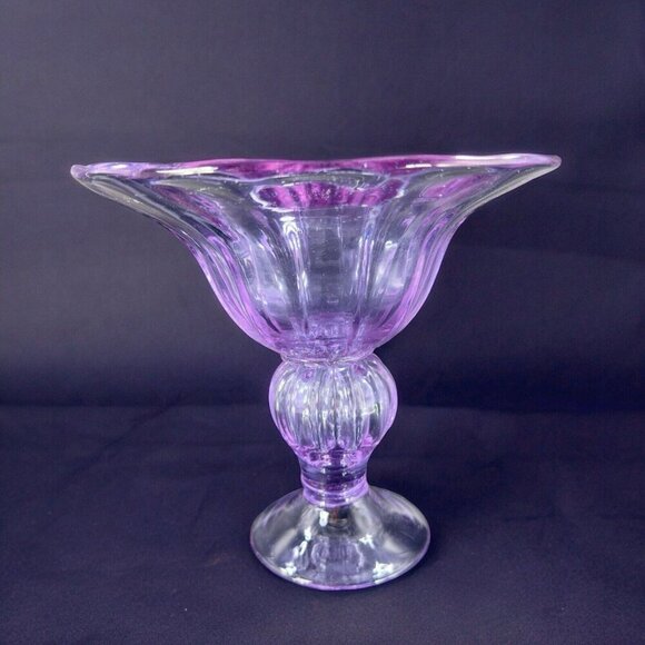 Glass Compote Other - Large Hand Blown Pedestal Bright Purple Lilac Glass Bowl Footed Vase Vintage